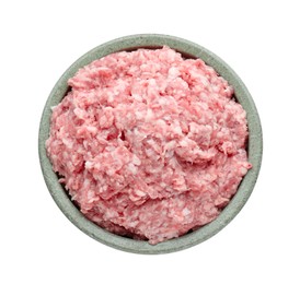 Photo of Bowl with raw fresh minced meat isolated on white, top view