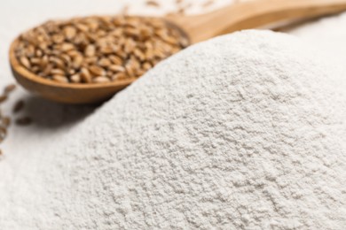 Photo of Spoon with grains on wheat flour, closeup