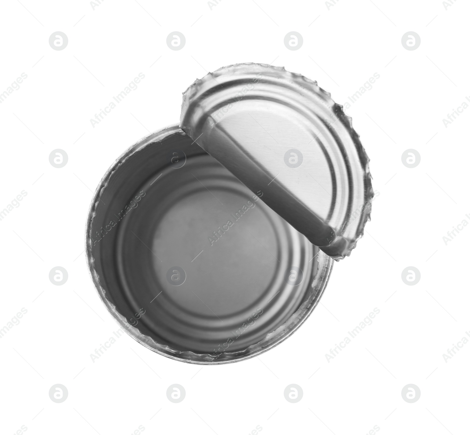 Photo of Empty aluminum can on white background, top view. Metal waste recycling