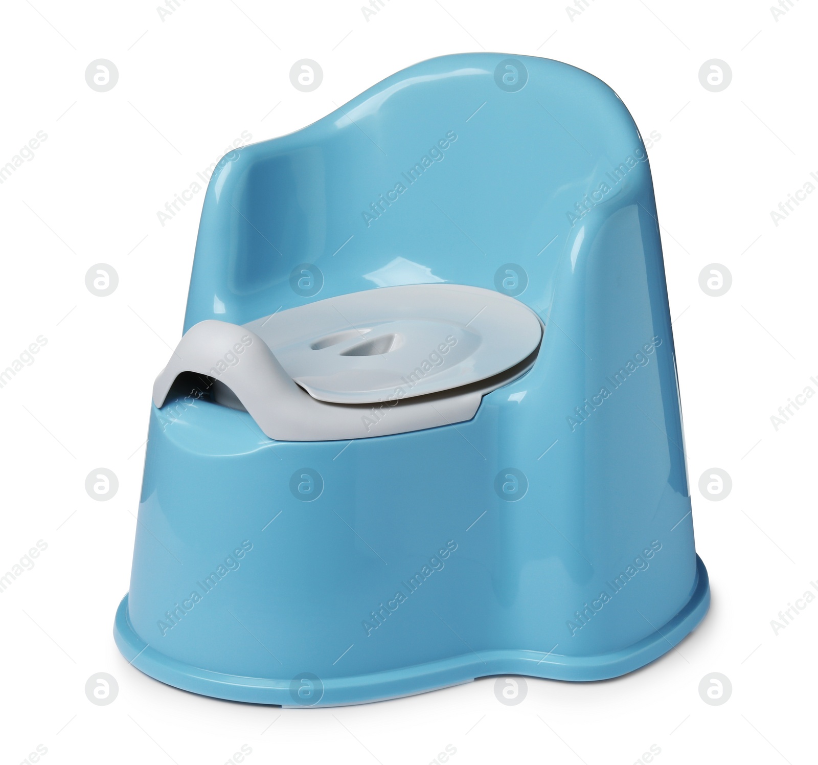 Photo of Light blue baby potty isolated on white. Toilet training