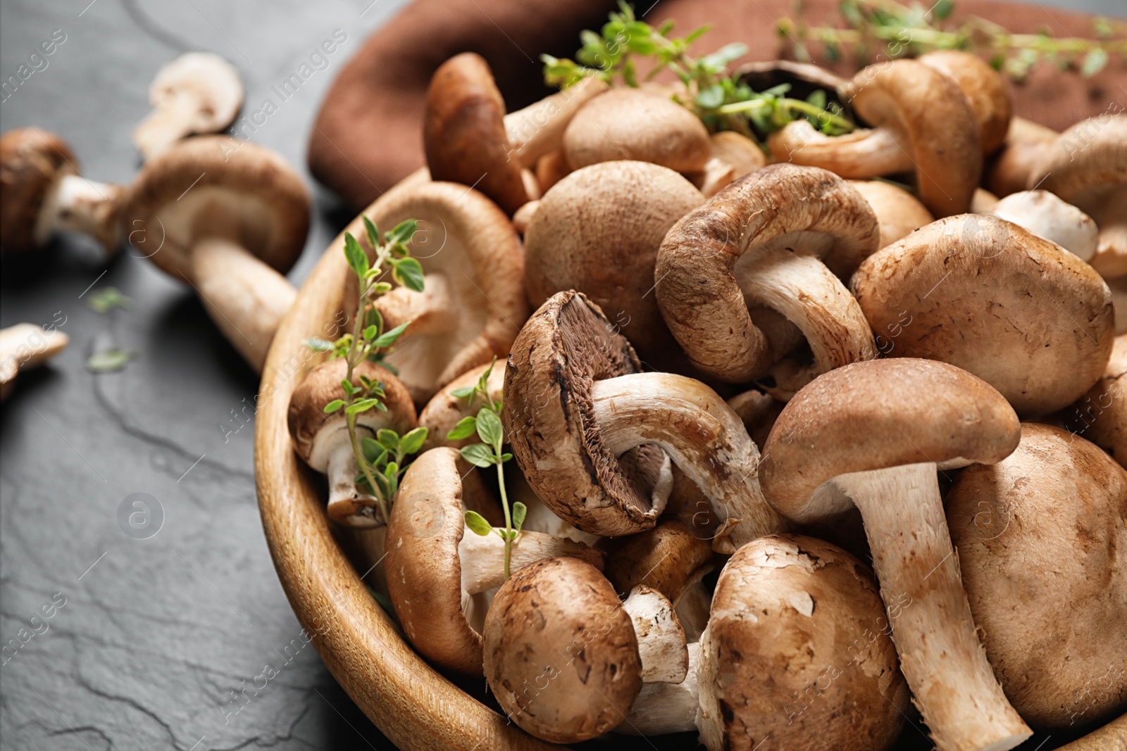 Photo of Different fresh wild mushrooms in bowl on table, closeup