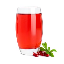 Photo of Refreshing pomegranate juice in glass, leaves and seeds isolated on white