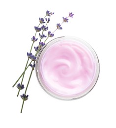 Jar of hand cream and lavender on white background, top view