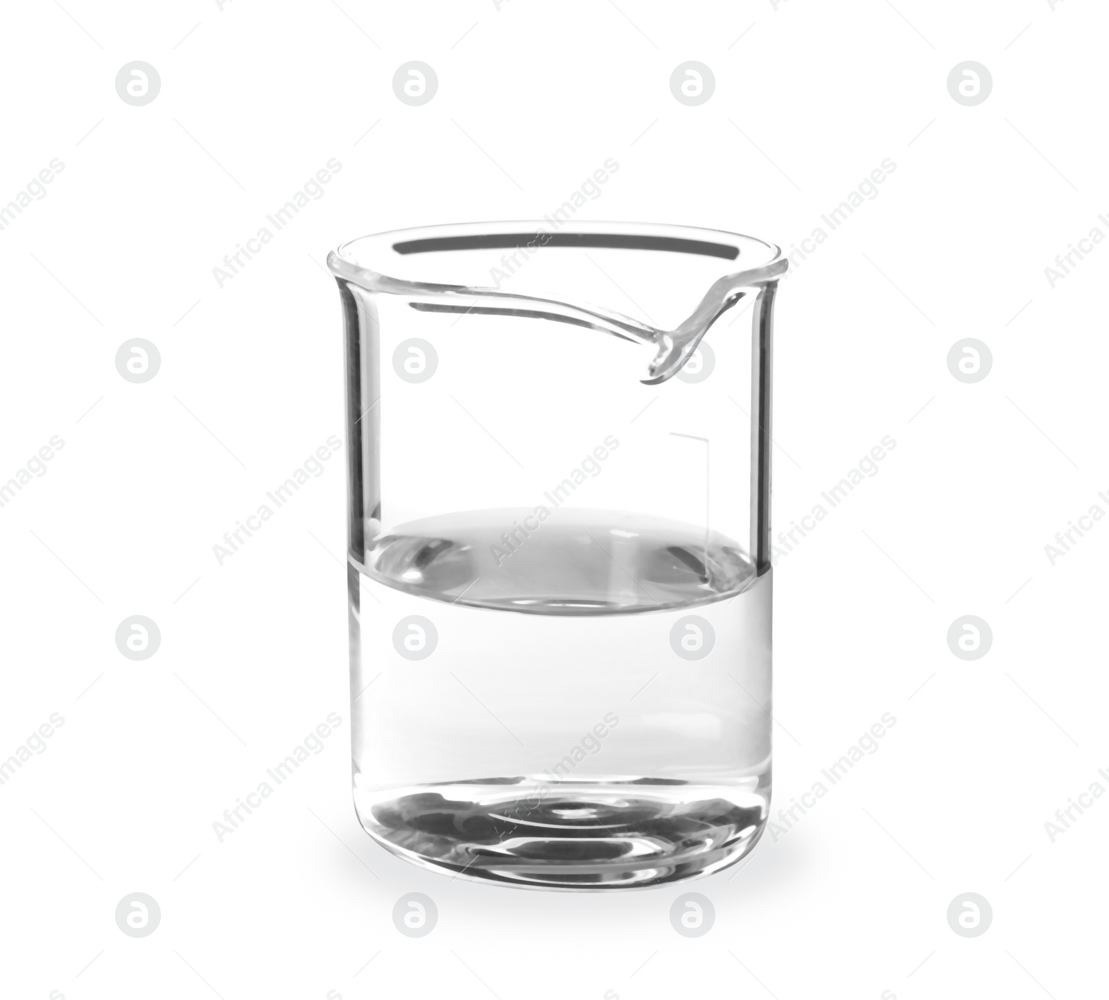 Photo of Beaker with liquid on white background. Laboratory analysis equipment