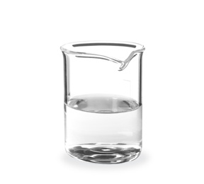 Photo of Beaker with liquid on white background. Laboratory analysis equipment