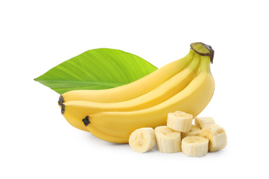 Photo of Delicious ripe bananas with leaf and pieces isolated on white
