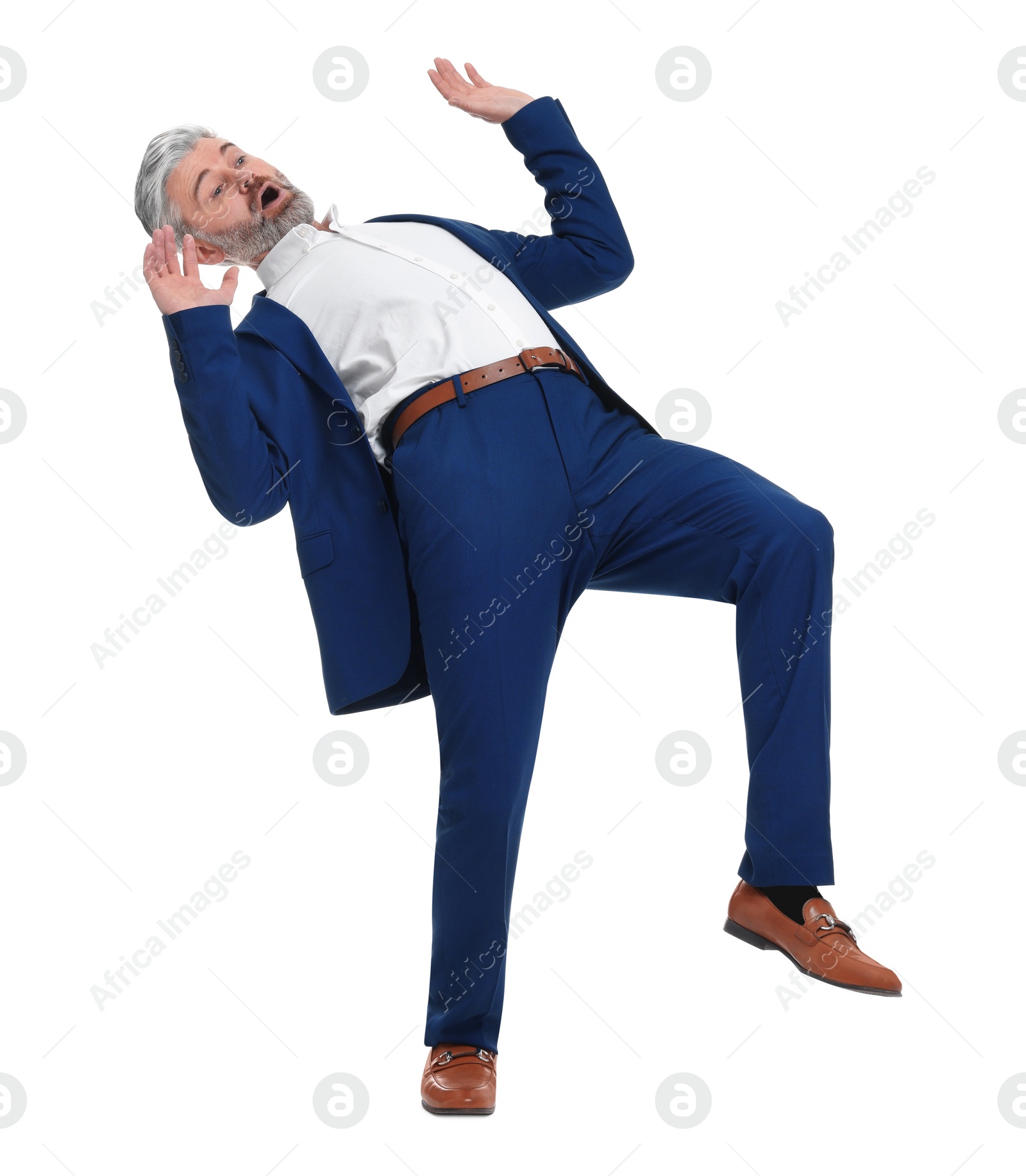 Photo of Mature businessman in stylish clothes avoiding something on white background