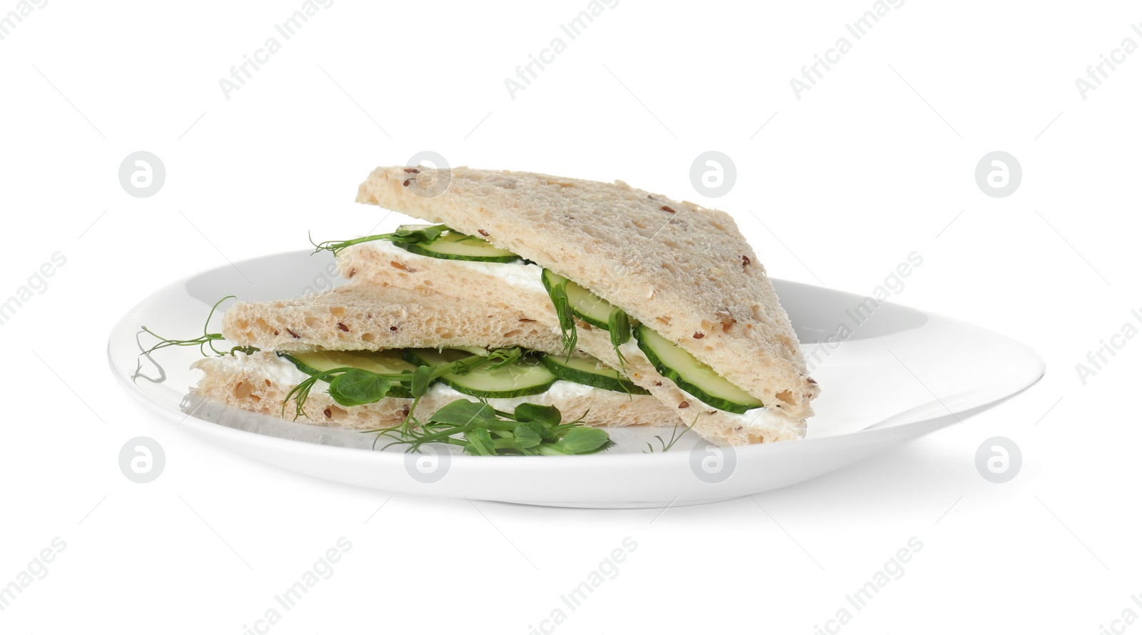 Photo of Plate with cucumber sandwiches isolated on white