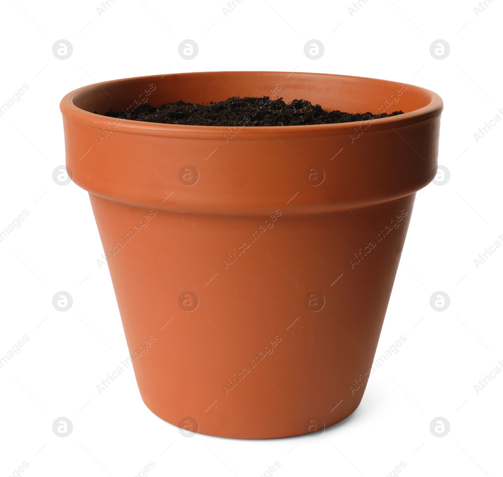 Photo of Clay flower pot with soil isolated on white