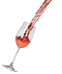 Image of Pouring delicious rose wine into glass on white background