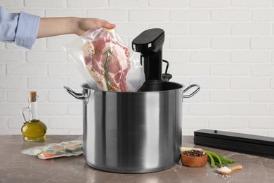 Woman putting vacuum packed meat into pot with sous vide cooker, closeup. Thermal immersion circulator