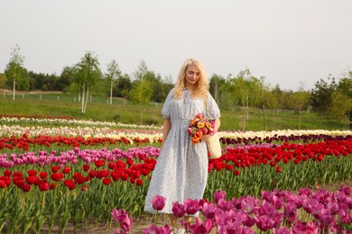 Photo of Woman with bag of spring flowers in beautiful tulip field