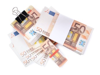 50 Euro banknotes on white background, top view. Money exchange