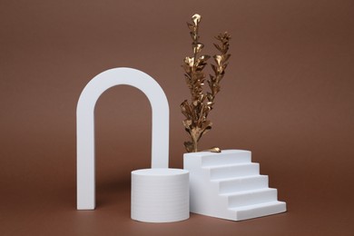 Photo of Autumn presentation for product. White geometric figures and golden branch with leaves on brown background