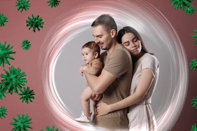 Image of Happy family with strong immunity on color background. Bubble around them blocking viruses, illustration
