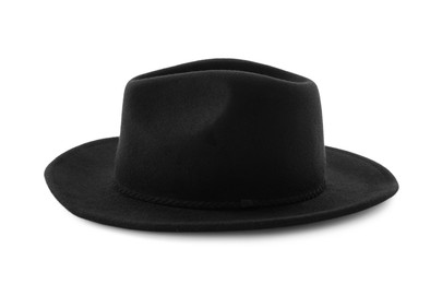 Photo of Stylish black hat isolated on white. Trendy headdress