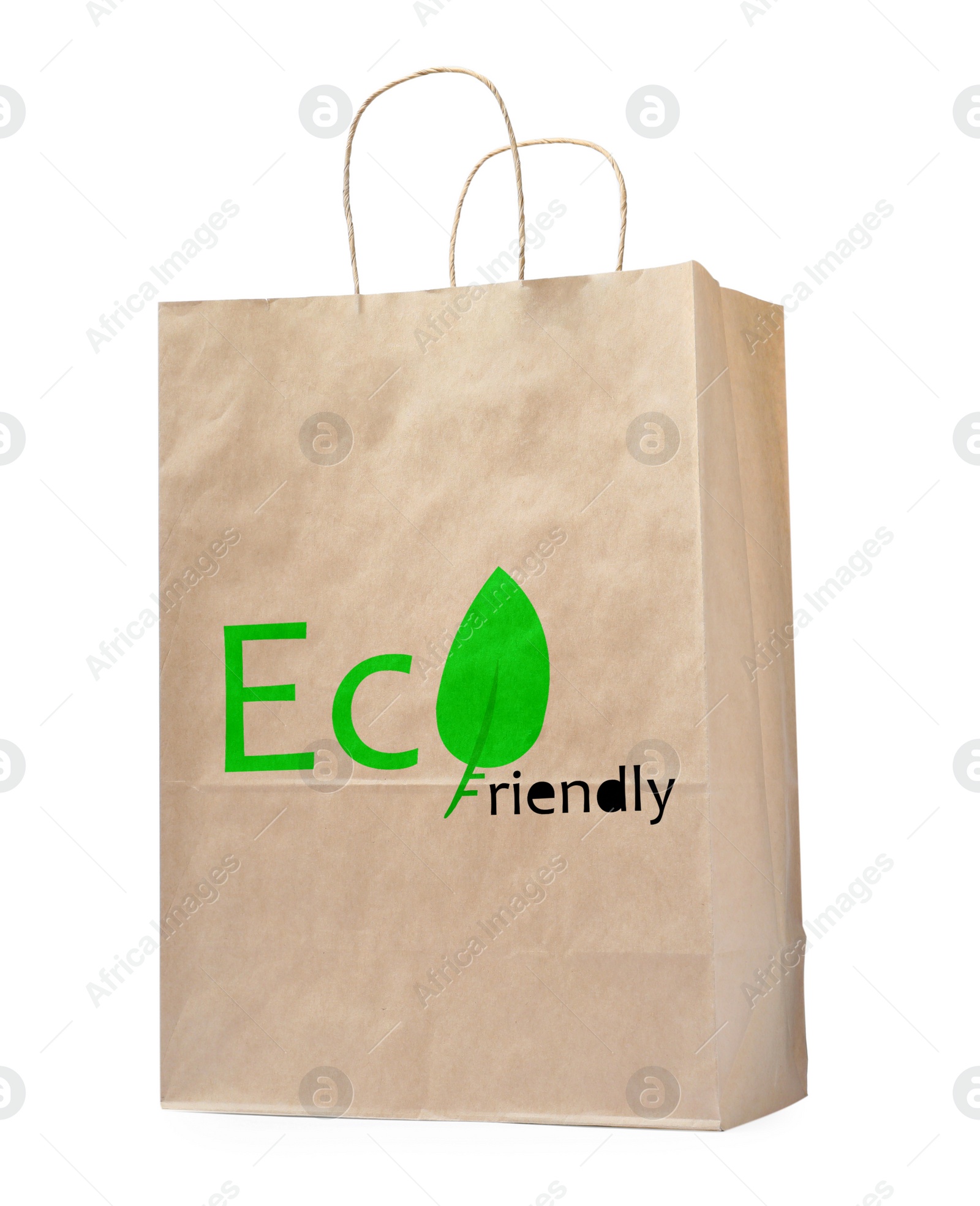 Image of Paper bag with phrase Eco Friendly on white background