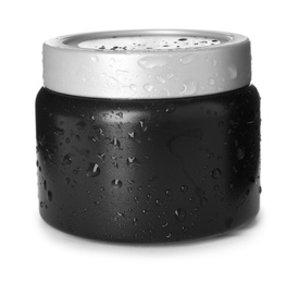 Photo of Black jar with water drops isolated on white. Men's cosmetics