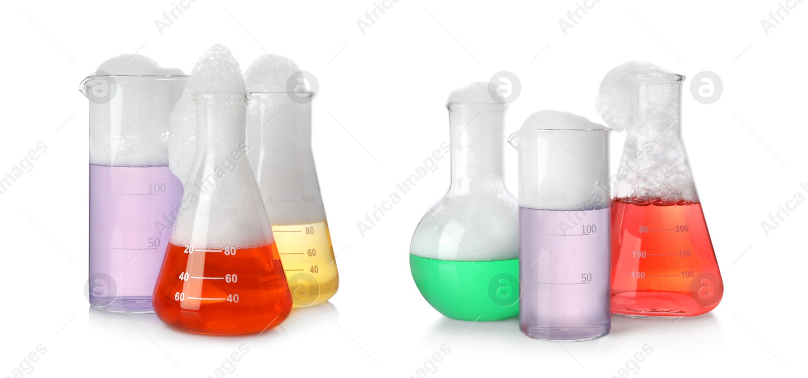 Image of Set of laboratory flasks and beakers with colorful liquids on white background. Chemical reaction