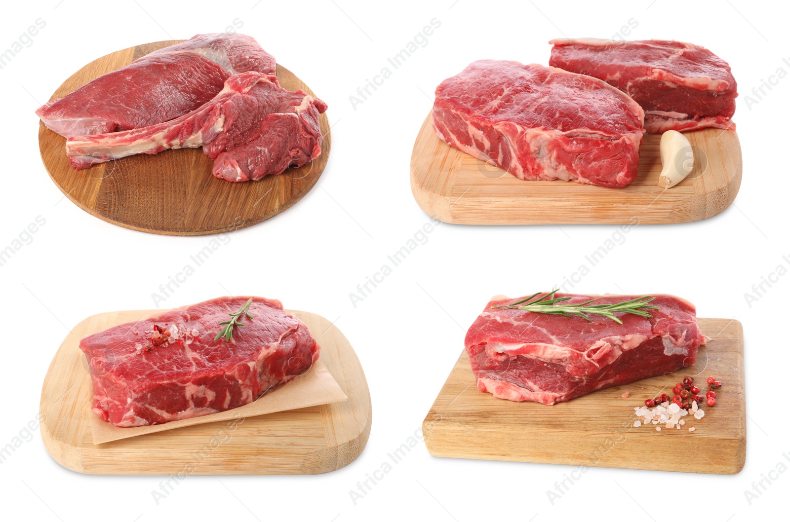 Image of Raw beef steaks isolated on white, set