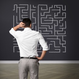 Businessman looking at wall with illustration of maze indoors