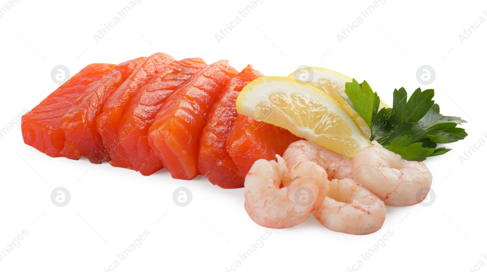 Photo of Delicious sashimi set of salmon and shrimps served with lemon and parsley isolated on white