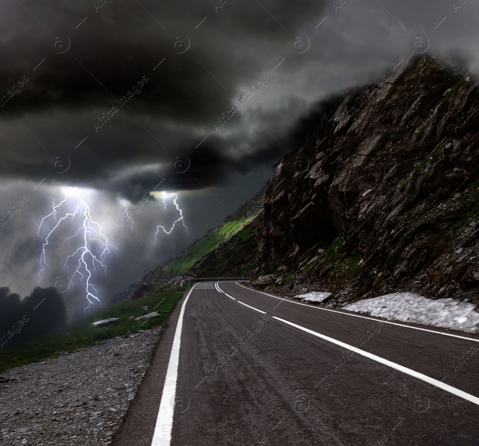 Image of Dark cloudy sky with lightnings. Picturesque thunderstorm in mountains