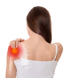 Image of Arthritis symptoms. Woman suffering from pain in her shoulder on white background, back view