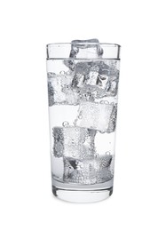 Glass of refreshing soda water with ice cubes isolated on white