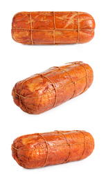 Image of Set of tasty hams on white background