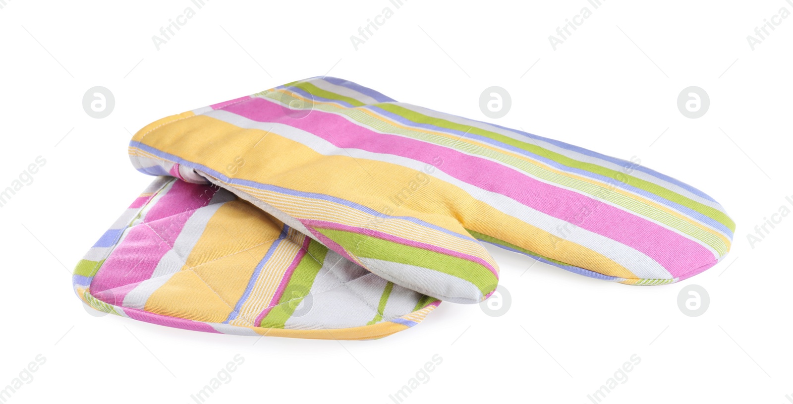 Photo of Oven glove and potholder for hot dishes on white background