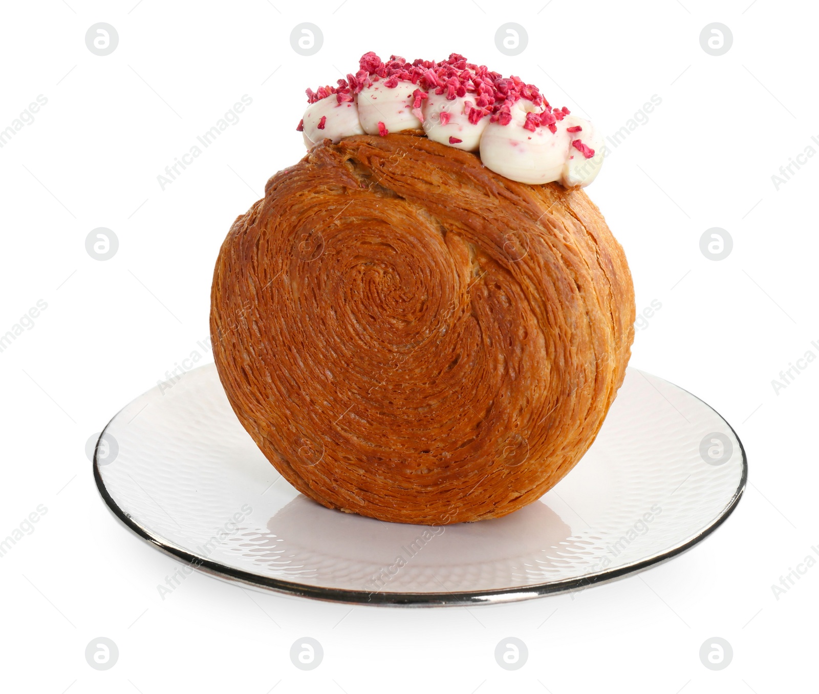 Photo of Round croissant with cream isolated on white. Tasty puff pastry