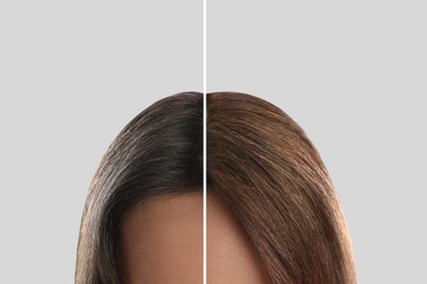 Closeup view of young woman before and after hair dyeing on light background, collage