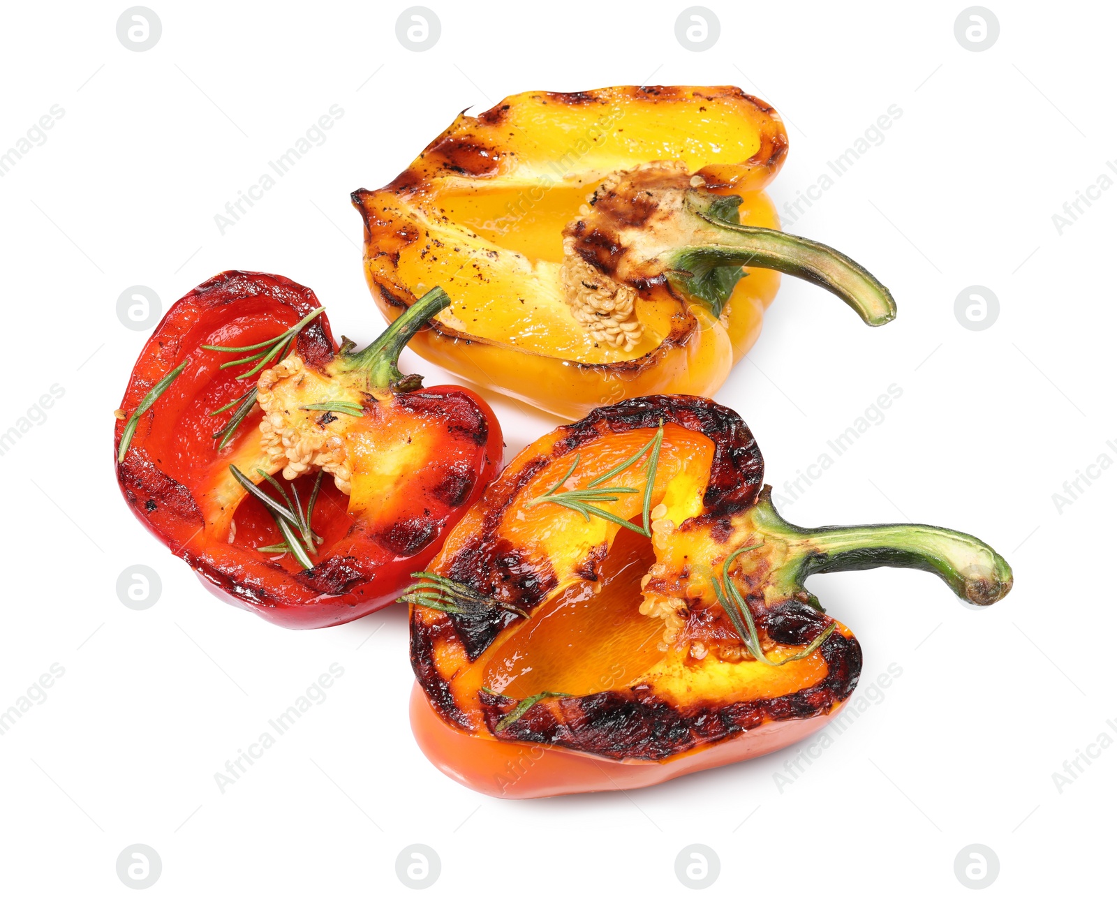 Photo of Tasty grilled bell peppers and rosemary isolated on white