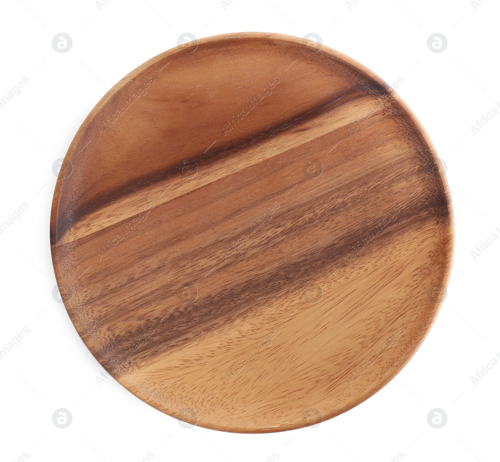 Photo of Wooden plate on white background, top view