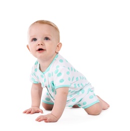 Cute little baby crawling on white background