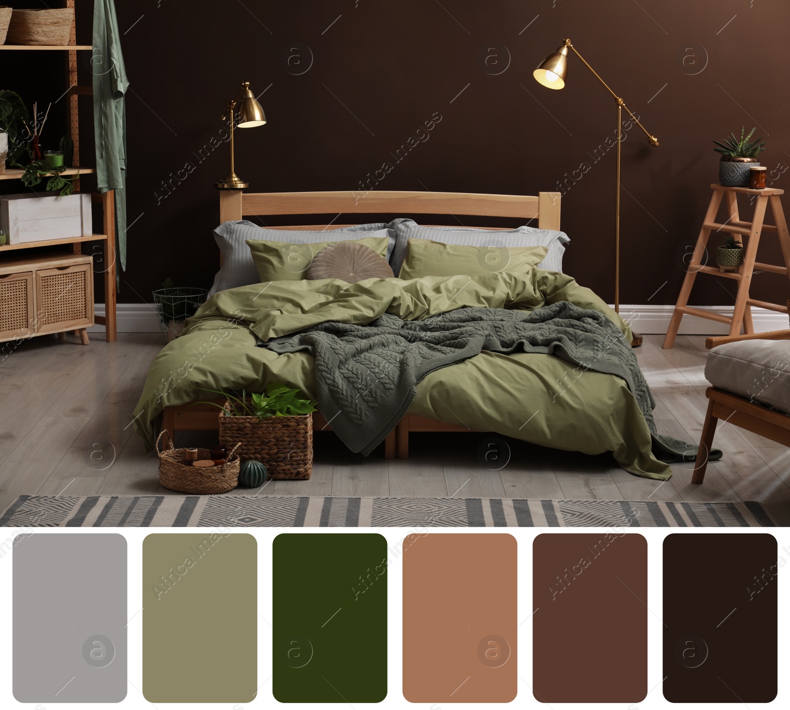 Image of Color palette and photo of stylish bedroom interior. Collage