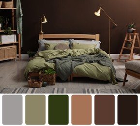 Color palette and photo of stylish bedroom interior. Collage