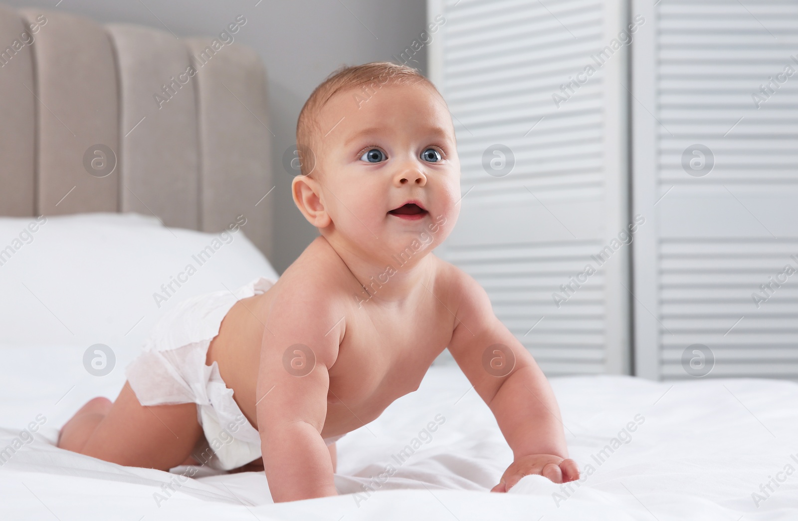 Photo of Cute baby in dry soft diaper on white bed at home