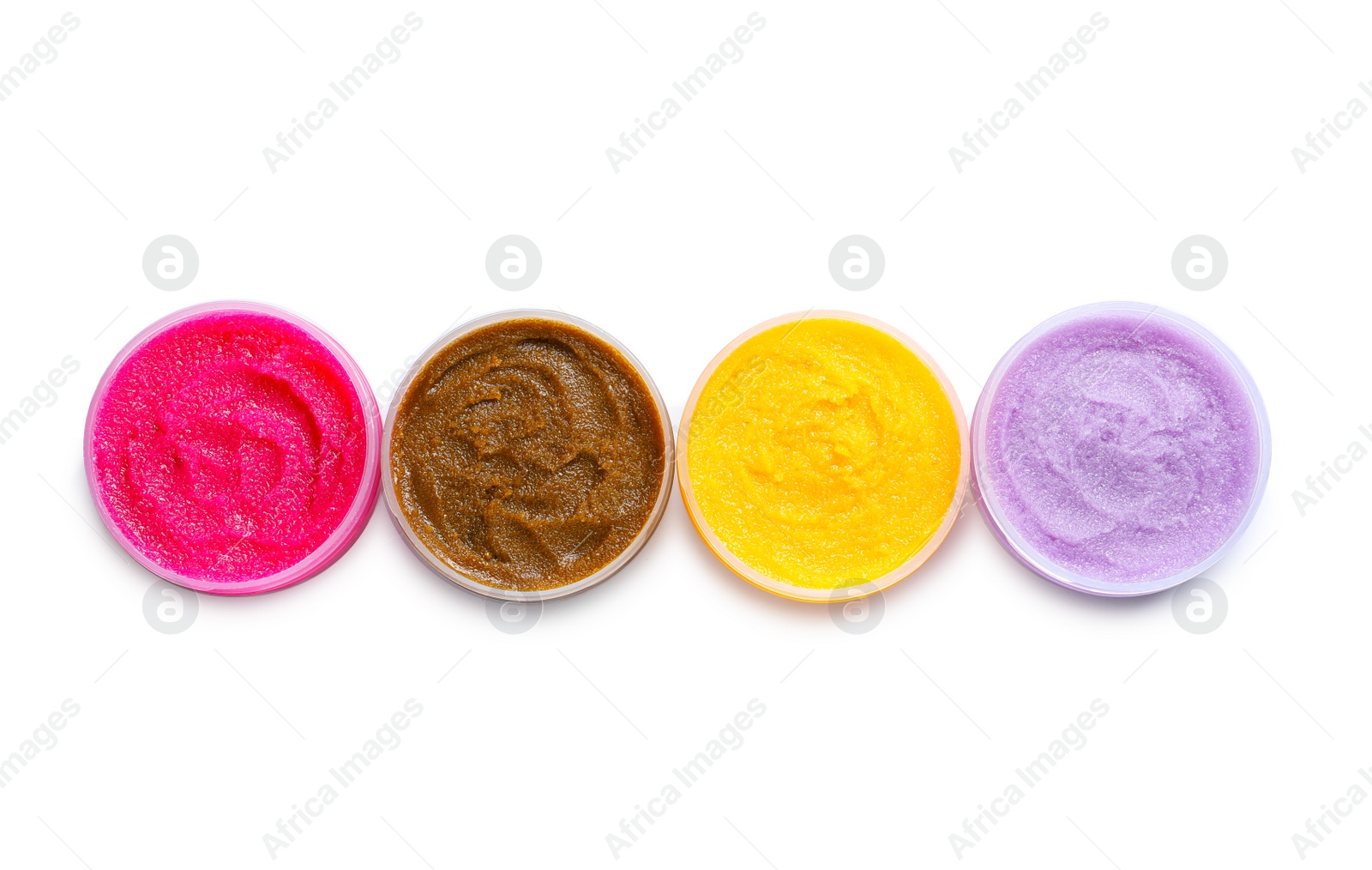 Photo of Containers with natural scrub on white background, top view