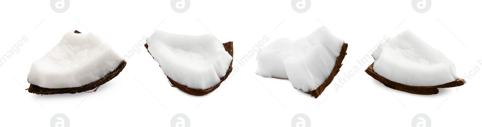 Image of Set with pieces of ripe coconuts on white background. Banner design