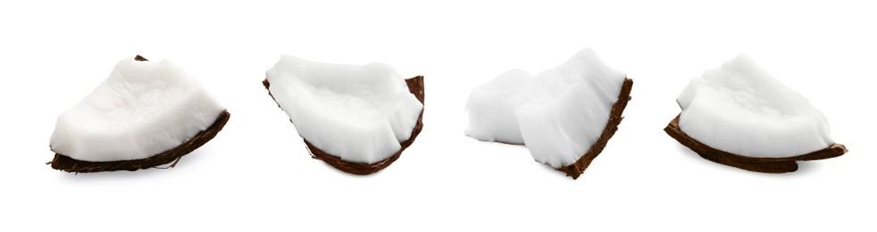 Image of Set with pieces of ripe coconuts on white background. Banner design