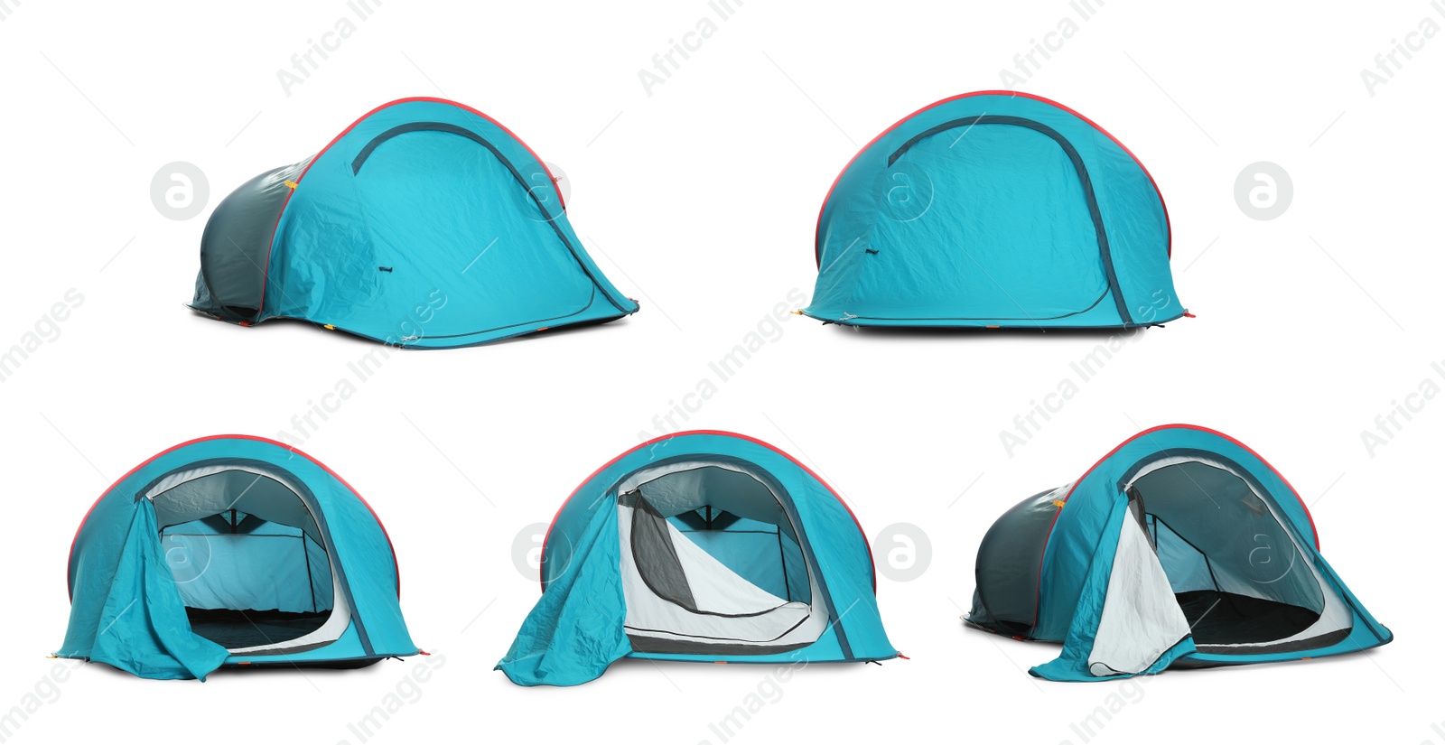 Image of Light blue camping tents on white background, collage 