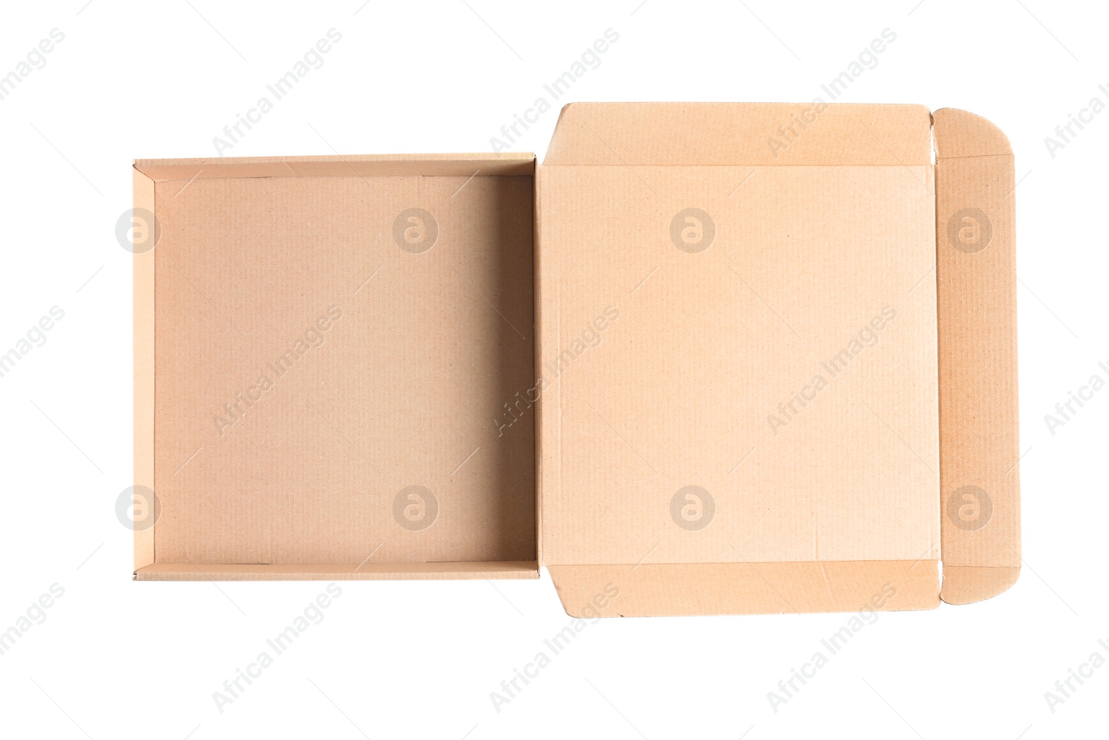 Photo of Open cardboard pizza box on white background