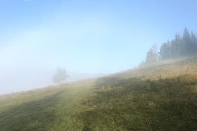 Picturesque view of mountains covered with fog