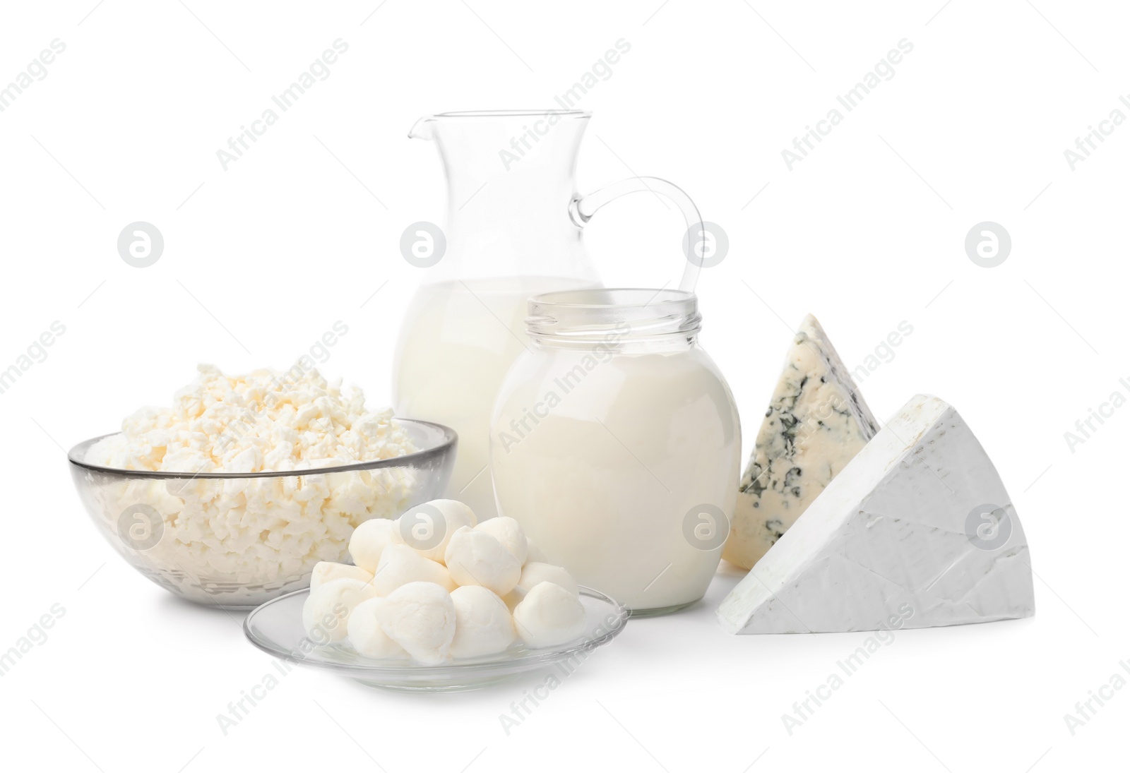 Photo of Different dairy products on white background