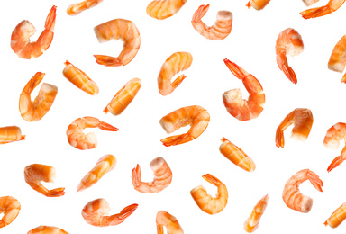 Image of Set of delicious freshly cooked shrimps on white background