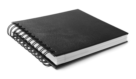 Stylish black spiral notebook isolated on white