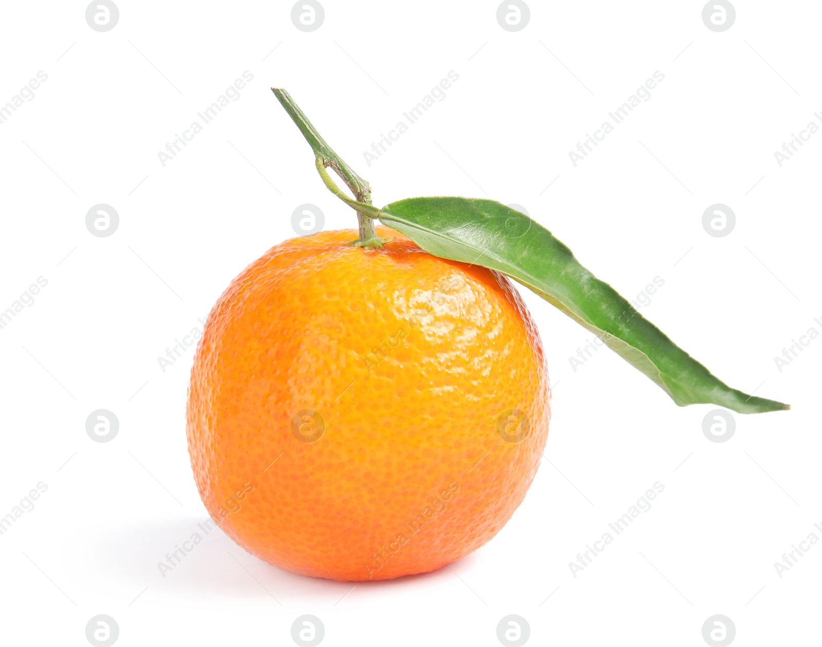 Photo of Tasty ripe tangerine with leaf on white background