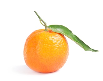 Photo of Tasty ripe tangerine with leaf on white background